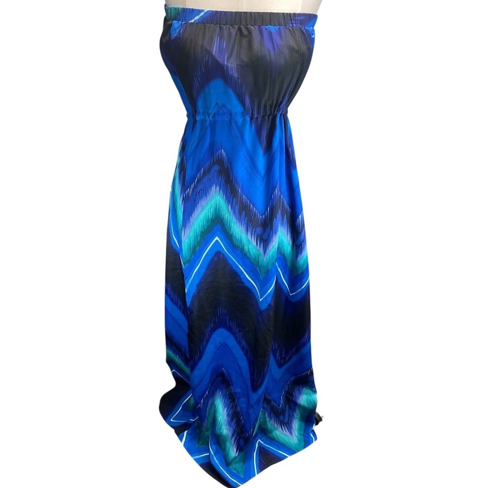 Felicity & Coco Women‎ Strapless Maxi Dress Blue Ikat Chevron Boho Medium M